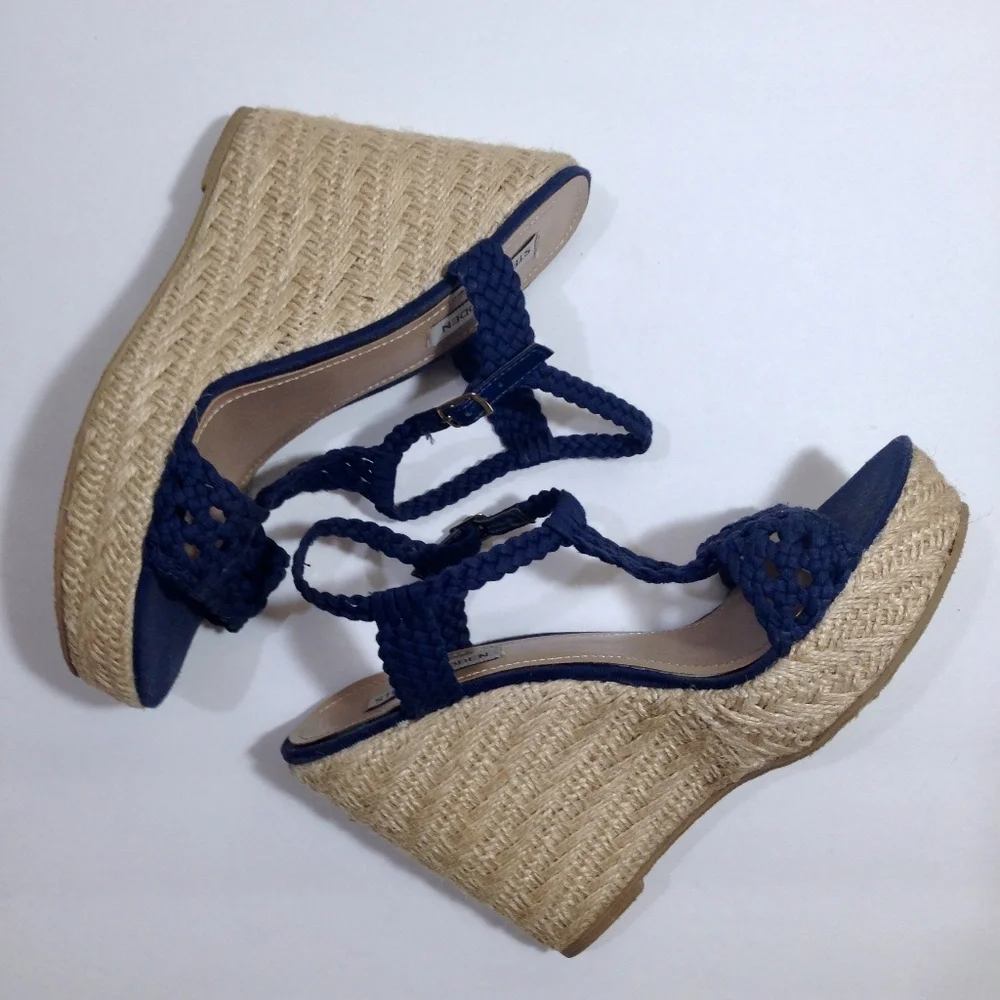 Steve Madden Navy Crochet Espadrille Wedge Sandals with Braided Jute Heel